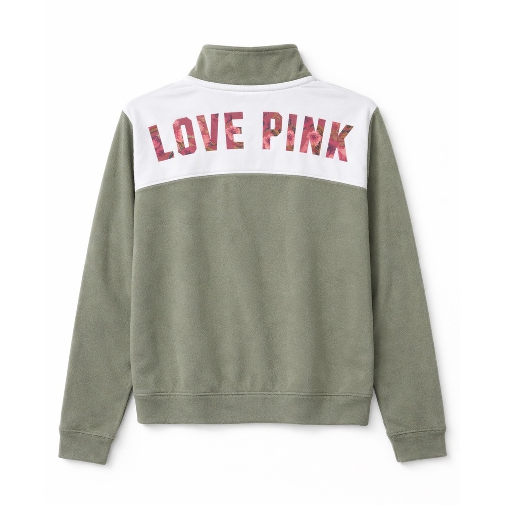 Victoria Secret LOVE PINK Women's Green Dog Logo Quarter Zip Popover Shirt Y2K M